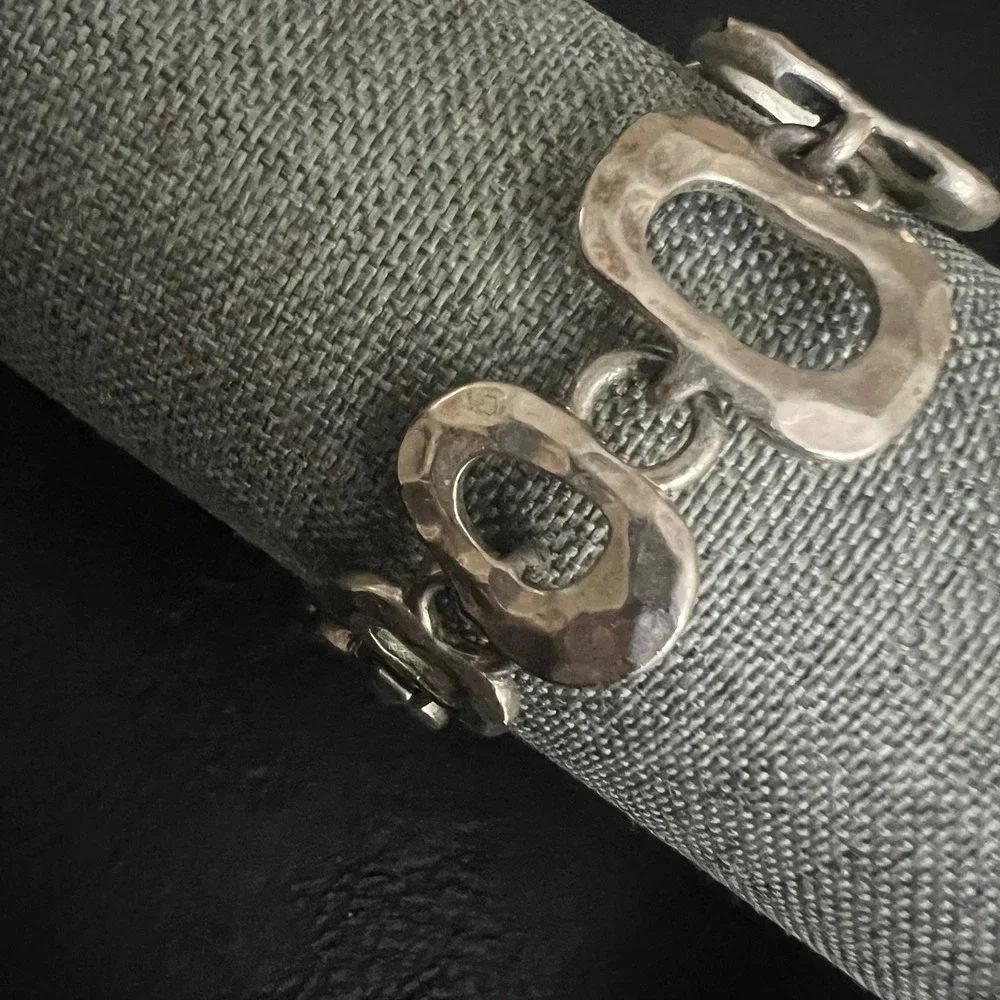 Vintage Silver Tone Hammered Brutalist Abstract Link Bracelet 7.5in Eclectic